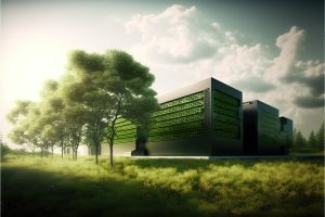 Image of a sustainable data center that has green accents, with a plethora of grass and trees next to it. 