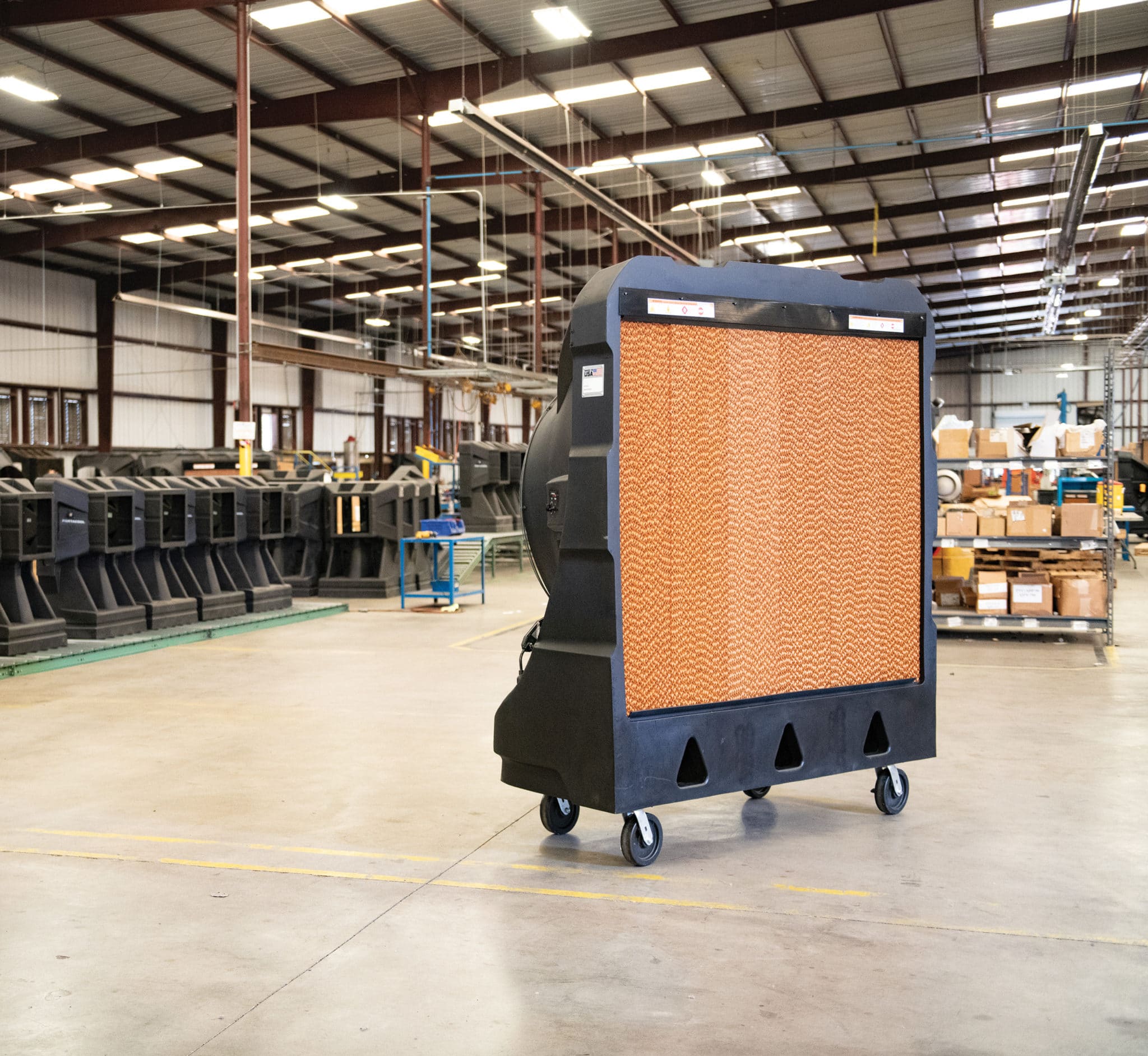 Side view of portable cooler in a warehouse