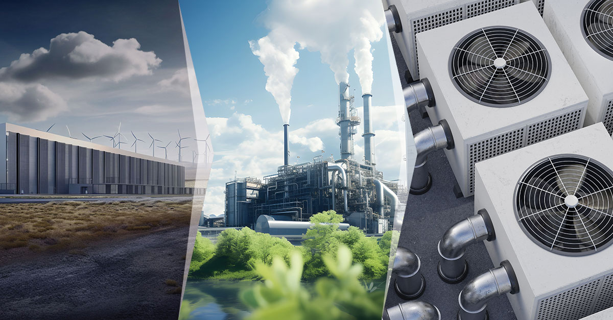 A collage of various industries that are commonly cooled by evaporative technologies