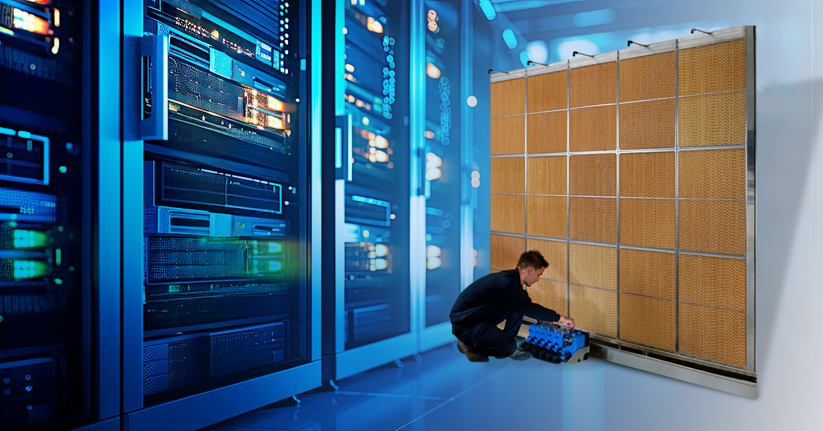 Adiabatic humidification system overlaid over a data center server room