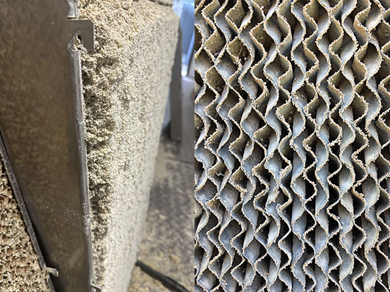 A photograph of scaling on an evaporative media pad.