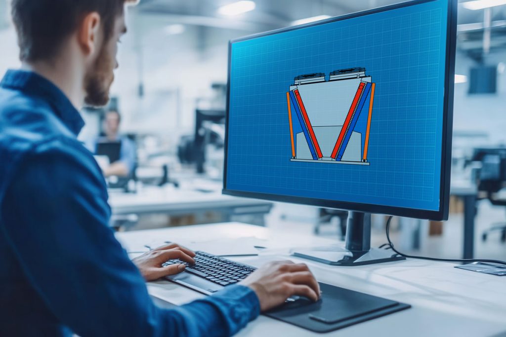 Engineer working on a hybrid pre-cooling system design on a computer screen